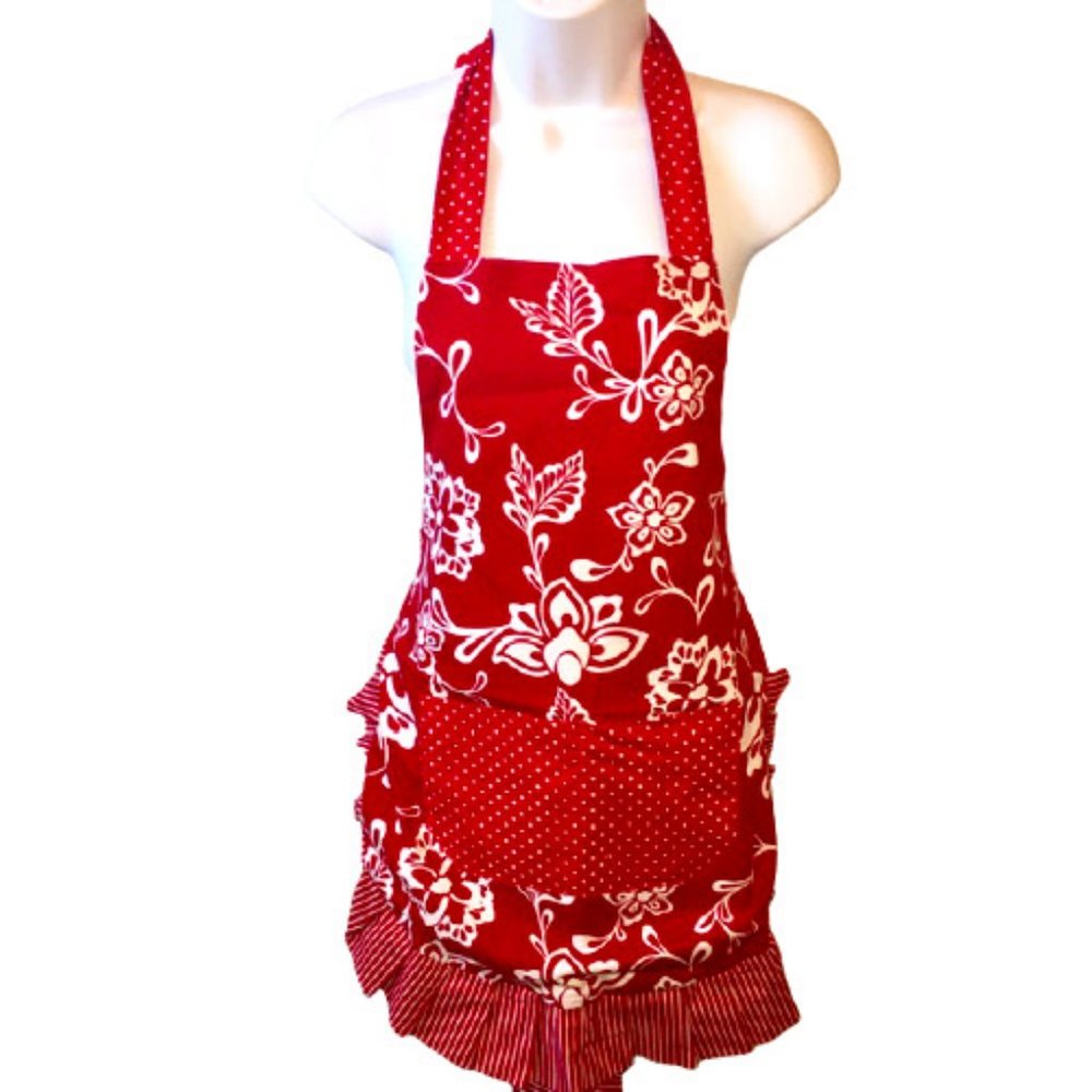 Flirty Aprons Bib Style Red White Cotton Lined OS